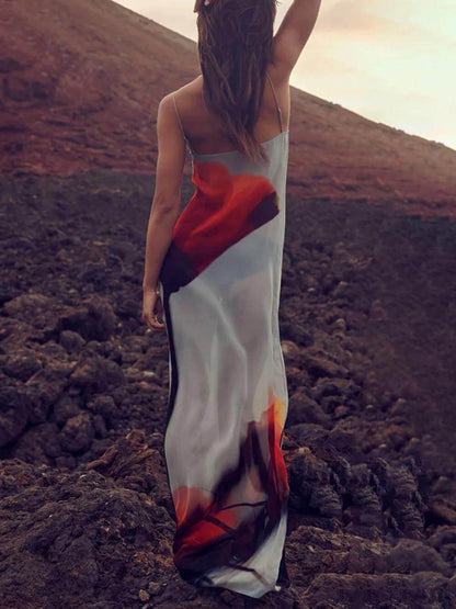 Abstract Tulip Print Vacation Slip H-Line Maxi Dress