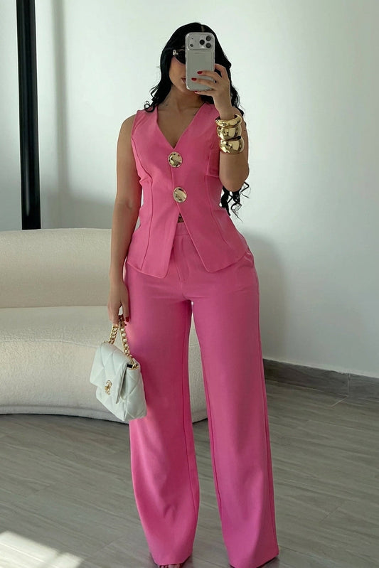 Sleeveless Gold Button Vest & Wide Leg Pants