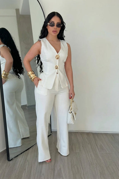 Sleeveless Gold Button Vest & Wide Leg Pants