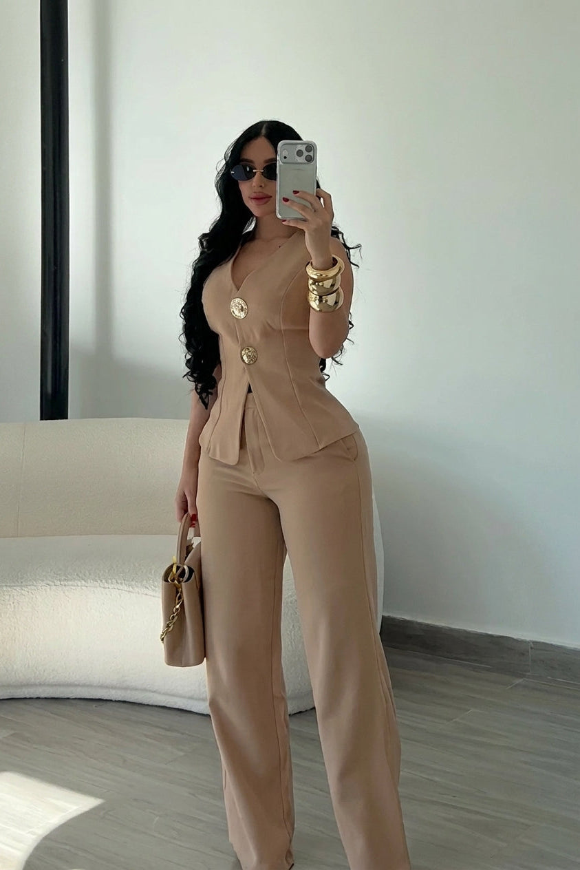 Sleeveless Gold Button Vest & Wide Leg Pants